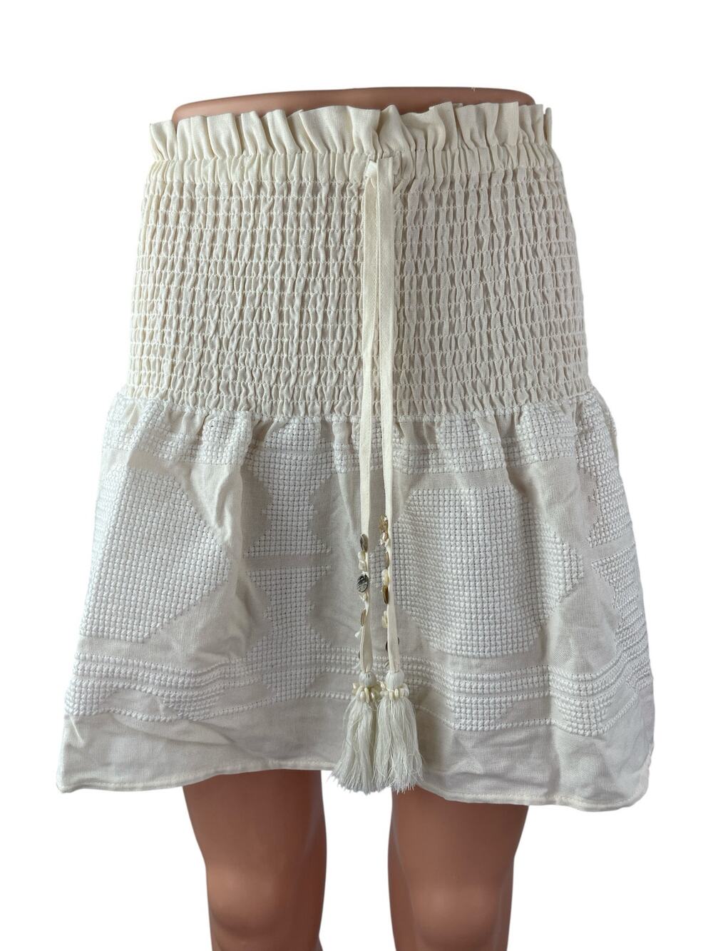 Women's White Smocked Embroidered Beaded Tassle Tie Mini Flare A-Line Skirt 2/4
